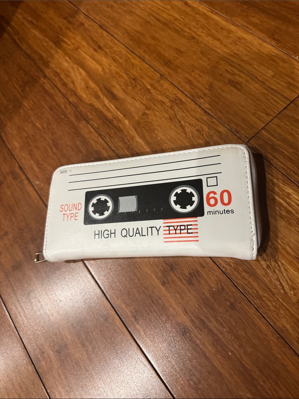 Retro Cassette Tape Zip Wallet - White with Black & Red Print